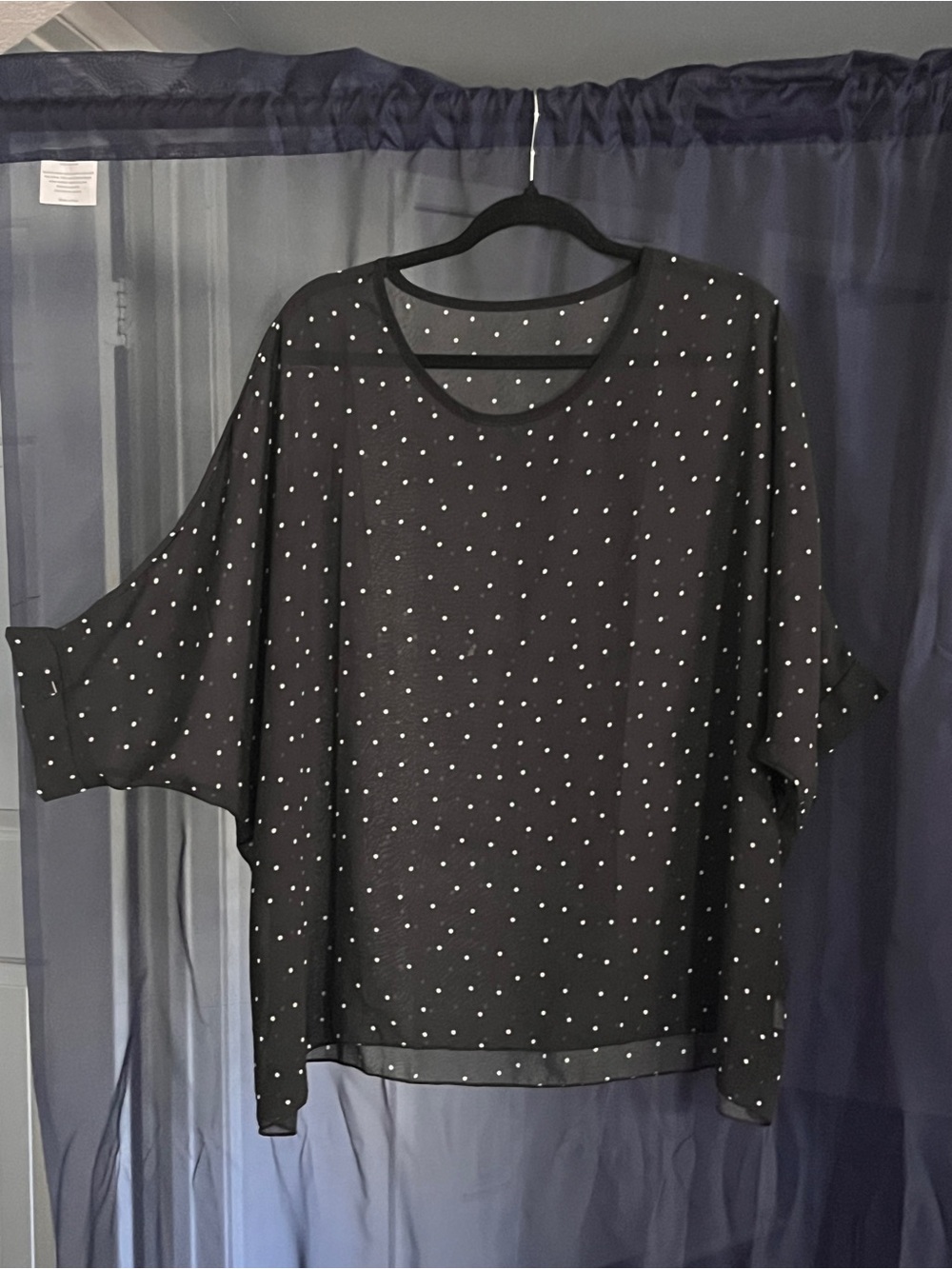 Women's Black Polka Dot Sheer Blouse/ Batwing Poncho
